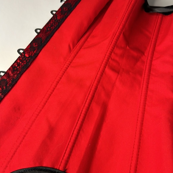 ADORE ME Scarlett Burlesque Strapless Red|Black Satin Lace Up Corset & Garters - Picture 14 of 15